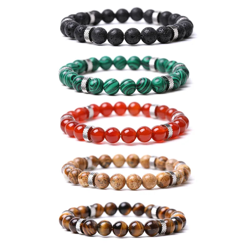 Handmade Beaded Bracelet with Natural Imperial Gemstone Agate Beads Black Red Pattern Stretchy Line Trendy Jewelry for Women Men