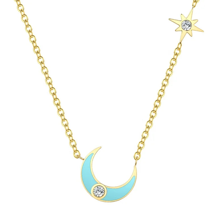 18K Gold Plated Stainless Steel Jewelry Chain Blue Epoxy Mini Moon Pendent Accessories Necklace P213207
