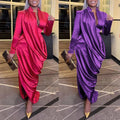 Fashion Women Long Sleeve Irregular Satin Pleated Dress Party Evening Maxi Unique Dresses