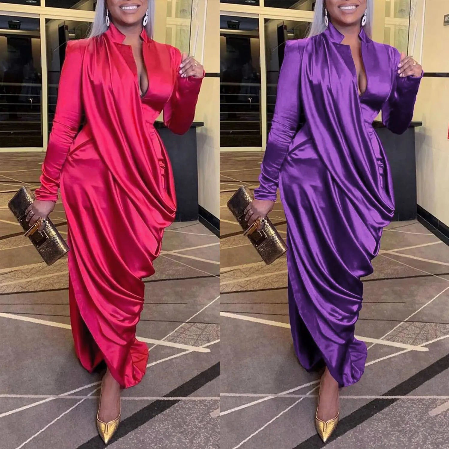 Fashion Women Long Sleeve Irregular Satin Pleated Dress Party Evening Maxi Unique Dresses