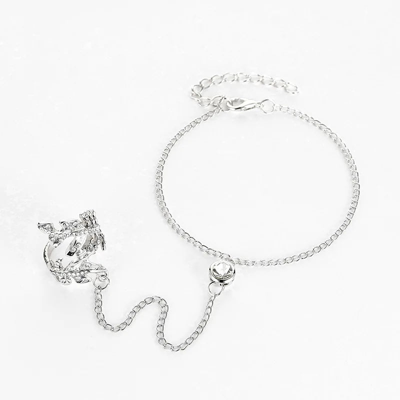 Vintage Diamond-Studded Openwork Rose Gold Hollow Leaves Crystal Chain Bracelet and Rings Set