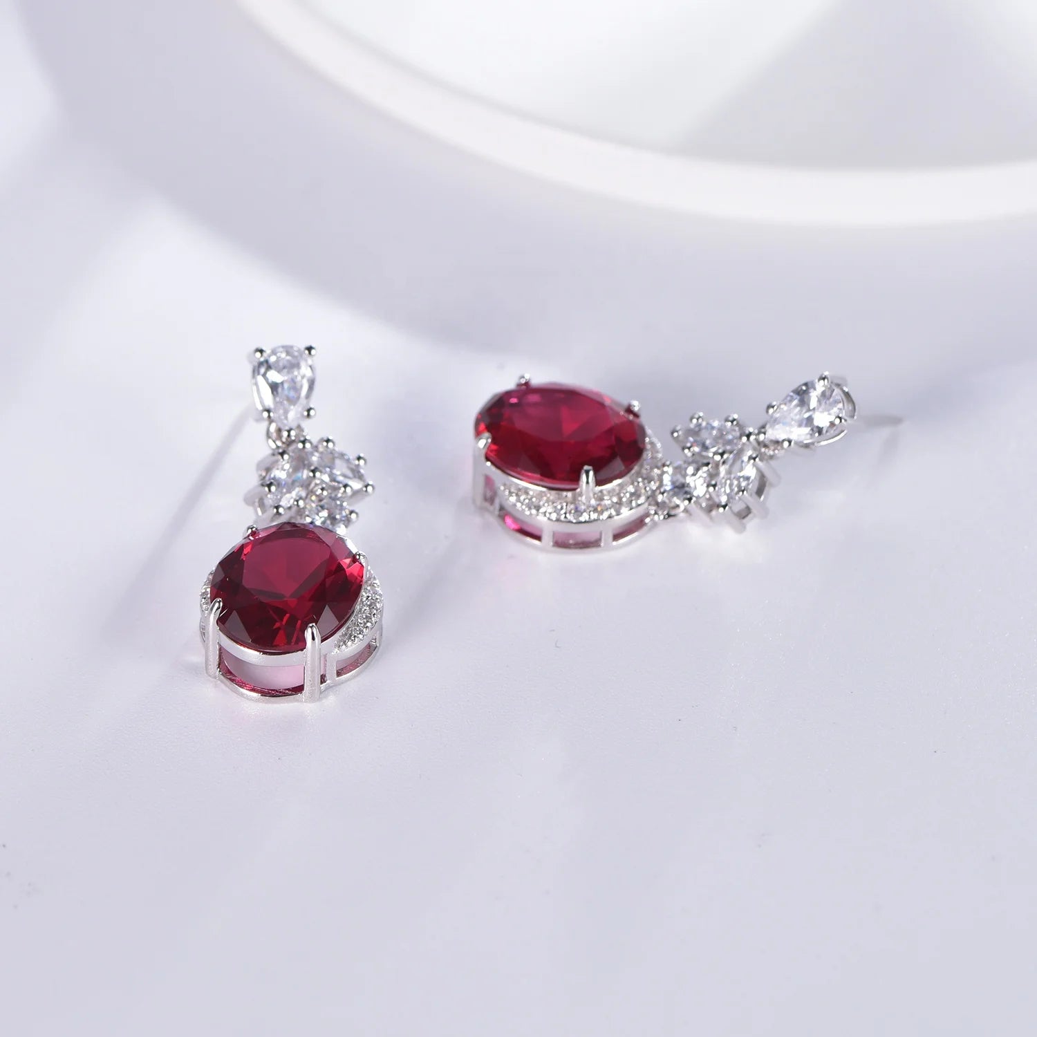 Wedding Bridal Earrings with Ruby Zircon Micro Pave 5A CZ Rhodium Plated Luxury 925 Silver Drop Earrings
