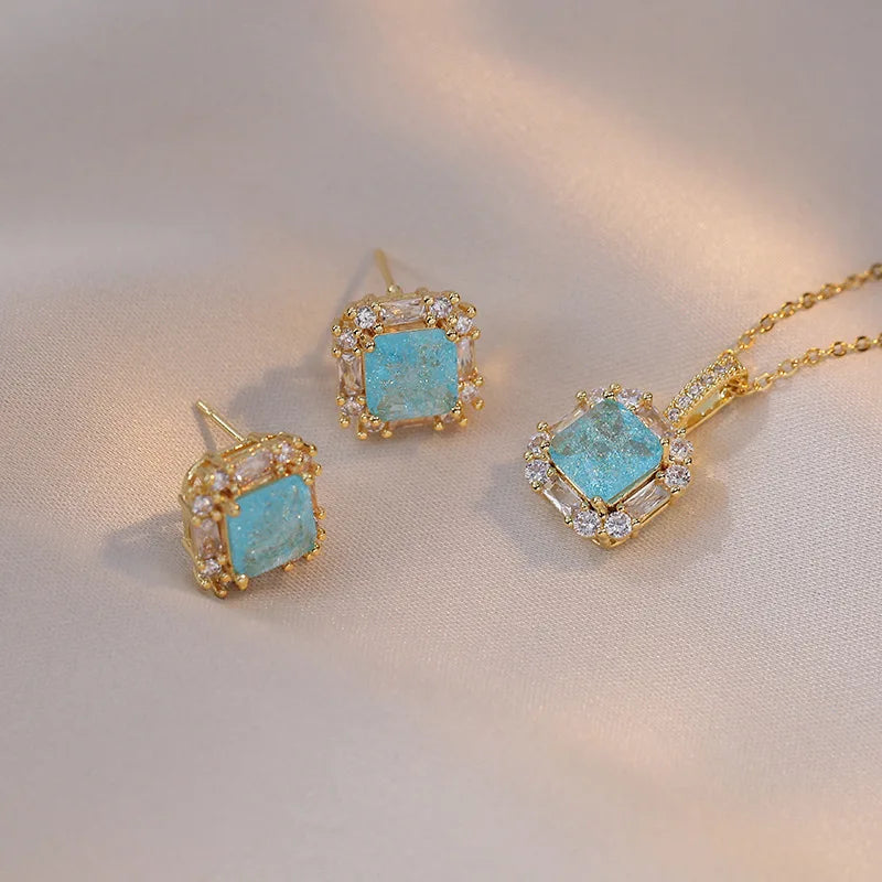 2023 Light Luxury Stainless Steel Chain Gold Plated Fashion Jewelry Set Blue Square Zircon Earrings Necklace Jewelry Set Woman