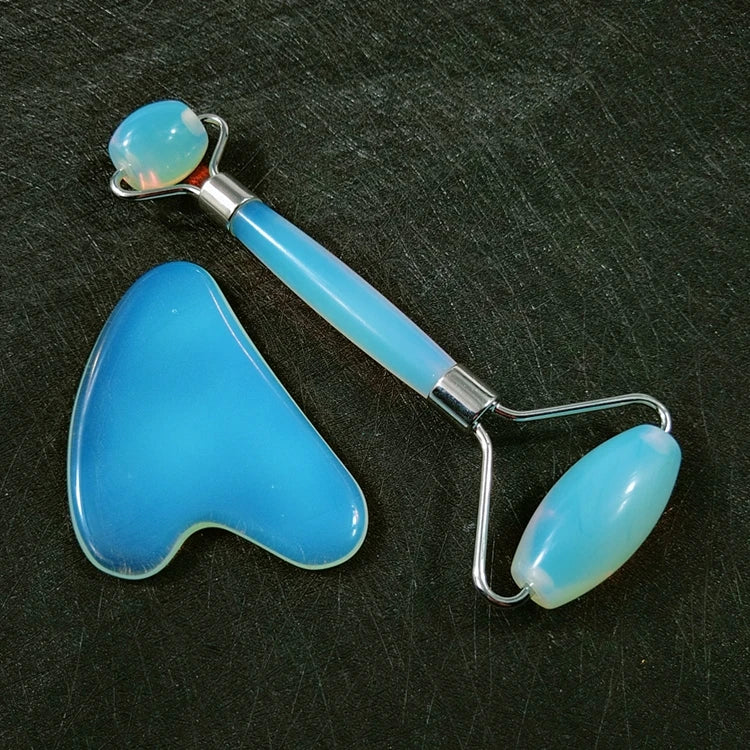 HZ Wholesale Custom Logo Masajeador Rodillo Facial Jade Stone Massage Roller Gua Sha Tool Set OpaliteJade Roller for Face