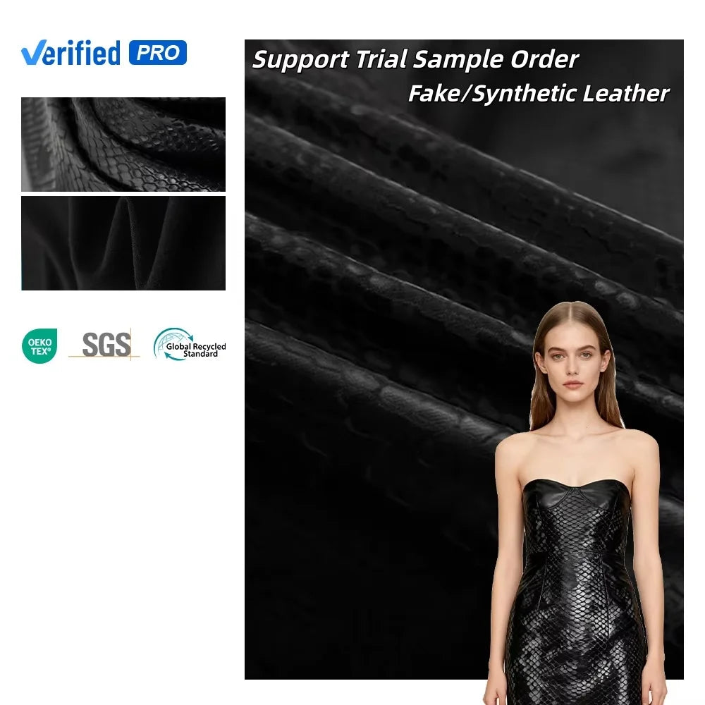 PFAS FREE Snake Leather Fabric Snake Skin PU Python Leather Fleece 4-Way Stretch Elastic Animal Pattern Leather for Pants