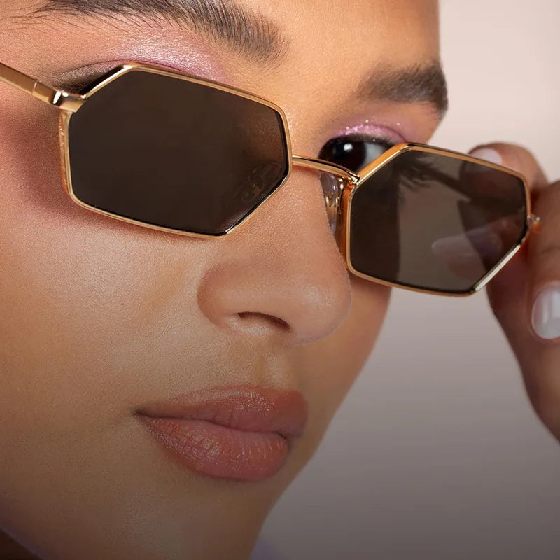 Fashion Sunglasses Small Irregular Polygon Metal Flat Top Shades Gray White Gold Pink Custom Lens
