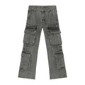 Heavy Weight Fabric Men Gray Acid Washed Side Zipper Cargo Jeans Men Y2K Three-Dimensional Pocket Wide Leg Men Designer Jeans