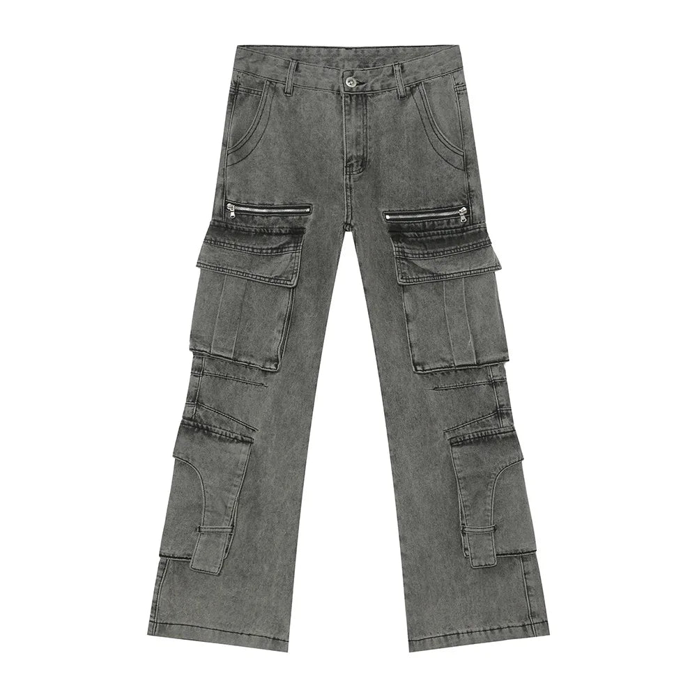 Heavy Weight Fabric Men Gray Acid Washed Side Zipper Cargo Jeans Men Y2K Three-Dimensional Pocket Wide Leg Men Designer Jeans