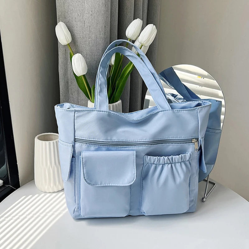 Fashion Simple Multi-pocket Women Shoulder Bags Student Solid Color Ladies Large Book Tote Waterproof Female Nylon Handbags