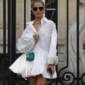 Original Factory Spring Fall Shirtdress Puff Long Sleeve Pleated White Casual Short Dresses Ladies Shirt Style Dress for Women