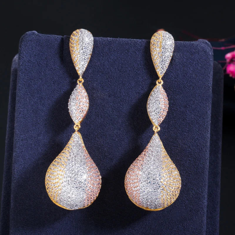Luxury Cubic Zircon Micro Pave 3 Tone Dubai Gold Plated Symmetry Tear Drop Big Long Women Earrings Brides Wedding Jewelry