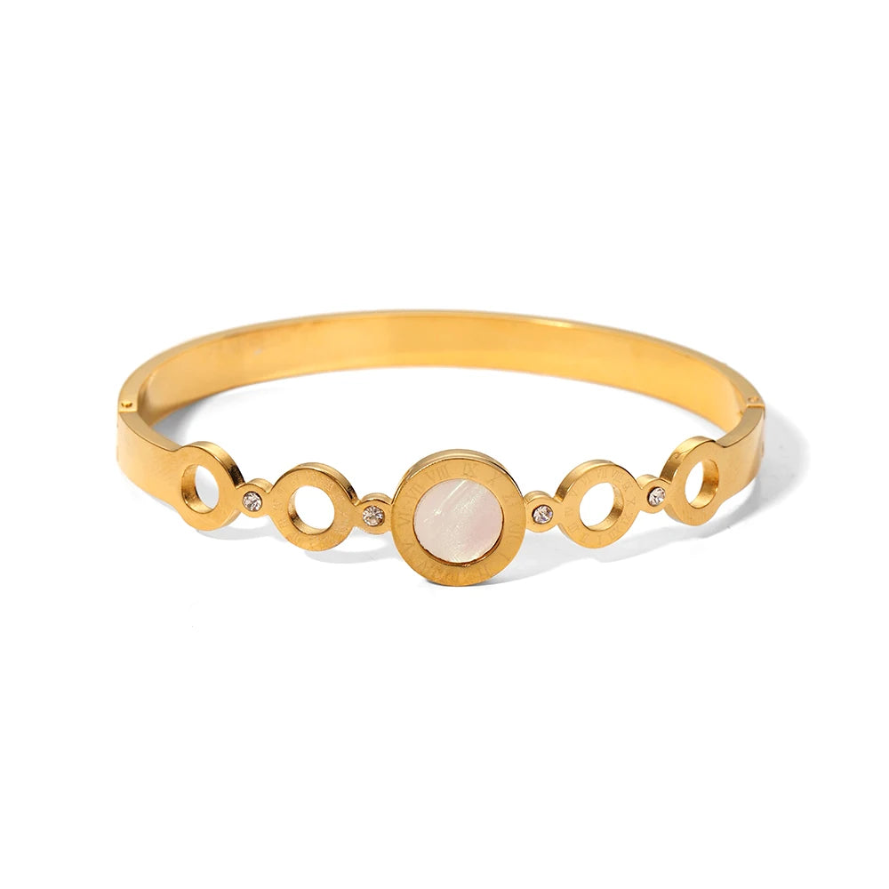 Elegant Stainless Steel 18K Gold Plated White Shell Round Mini CZ Hollow Chain Bangles for Women