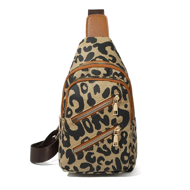 Retro Style Popular Leopard Print Ladies 4 Zipper Crossbody Anti Theft Travel Women's Chest Bags