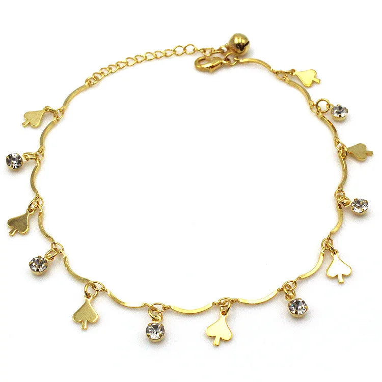 Fashion Trendy Korean Brass Alloy 18k Gold Heart Tree Drop Zircon Beads Charm Dangles Anklet Tassels Foot Ankle Bracelet Jewelry