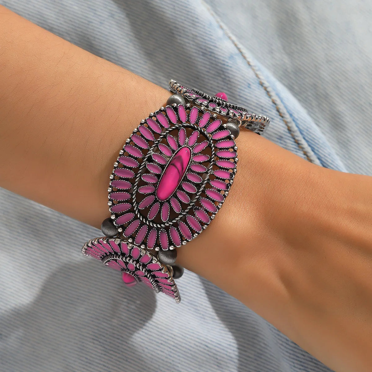 Hot Pink Western Concho Stretch Bracelet for Women Western Gemstone Colored Concho Flower Casting Stretch Bracelet BRA100014