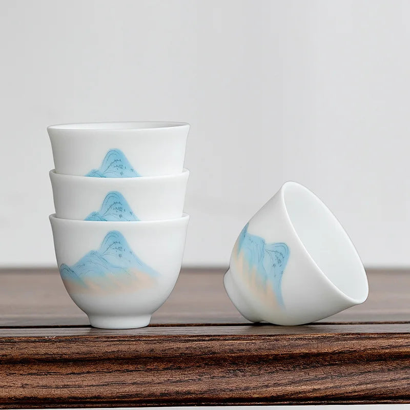 White Porcelain Hand Drawn Glaze Cup TeaCup Jade Porcelain Kung Fu Tea Teaware Single  Tea Cup Ceramic Mug Ceramic Tea Cup
