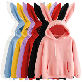 Autumn and Winter Women's Solid Color Plus Velvet Hooded Cute Rabbit Hoodie Loose Casual Blouse for Woman