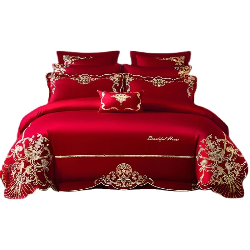 Chinese Wedding Satin Embroidered Quilt Cover Set 100 Thread All Cotton Red 200 230cm-for Home Four Pieces Including Sheet