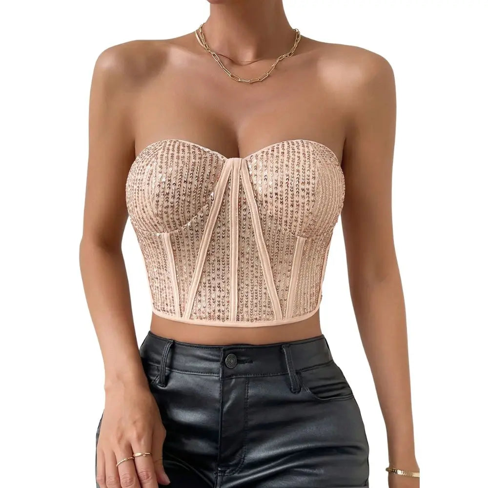 New Sequin Top and Backless Fishbone Belted Tank Top