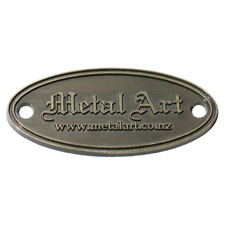 Custom Designer Handbags Label Brand Logos Oval Shape Brush Brass Letter Metal Plaque with Screw