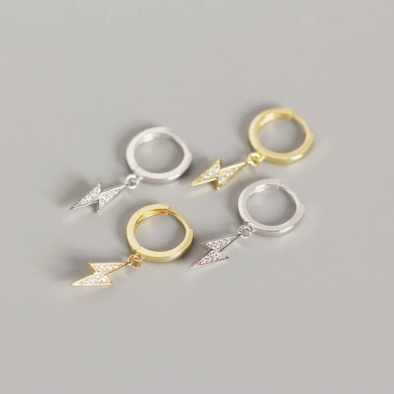 Simple Ins Gold Plated S925 Sterling Silver Lightning Drop Earrings Bling Crystal Cz Lightning Earring for Women