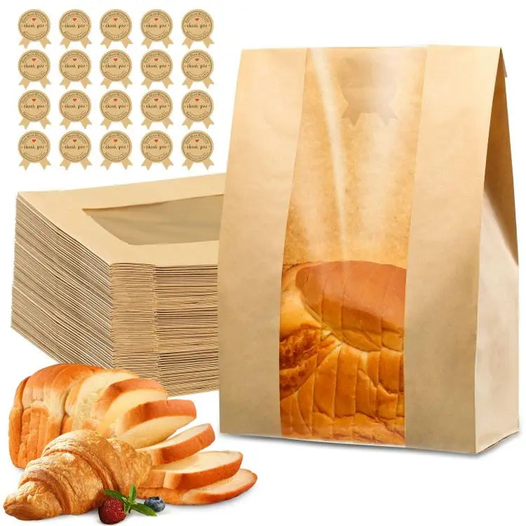 Custom Printed Logo Oil Resistant Kraft Paper Biscuit Fresh Bread Loaf Pastry Packaging Bakery Bag with Clear View Window
