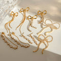 J&D Luxury Party Jewelry Stainless Steel 18K Gold Bow Tassel Round Rhinestone Long Chain Earrings Set