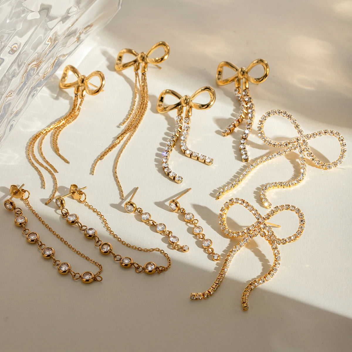 J&D Luxury Party Jewelry Stainless Steel 18K Gold Bow Tassel Round Rhinestone Long Chain Earrings Set