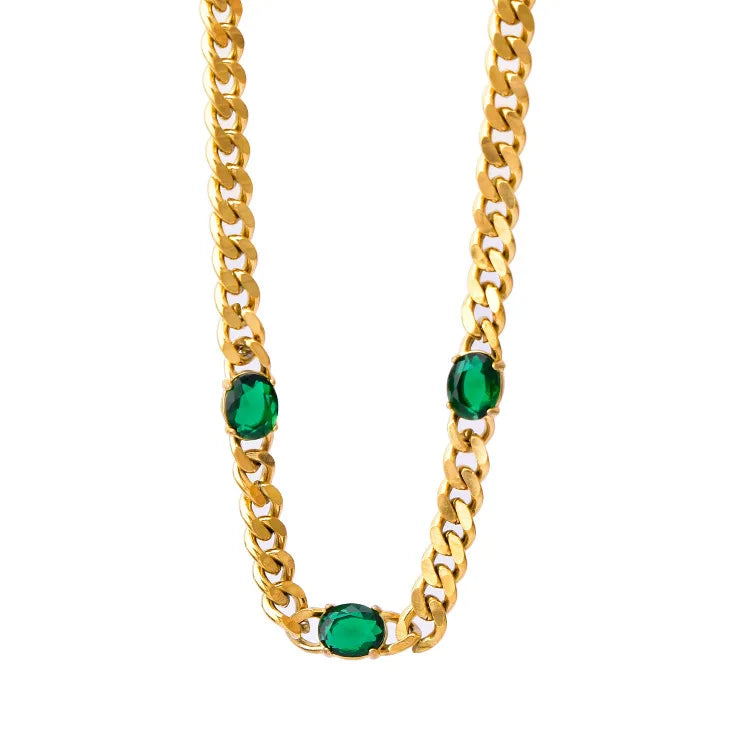 Hip Hop Waterproof Stainless Steel Chunky Cuban Chain Necklace Tarnish Free 18k Gold Plated Green Zircon Chokers Necklace