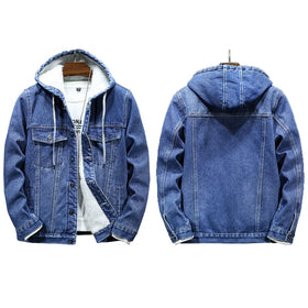 RNSHANGER Hooded Denim Jacket Autumn Winter Retro Long Sleeve Velvet Windbreaker Thickened and Warm Pocket Jacket for Men