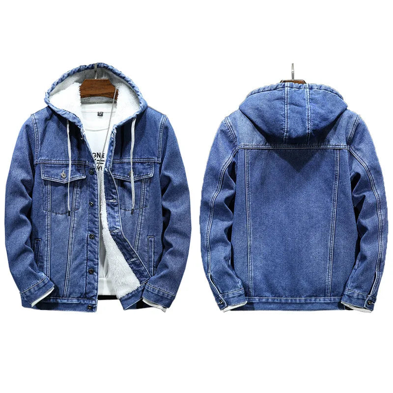RNSHANGER Hooded Denim Jacket Autumn Winter Retro Long Sleeve Velvet Windbreaker Thickened and Warm Pocket Jacket for Men