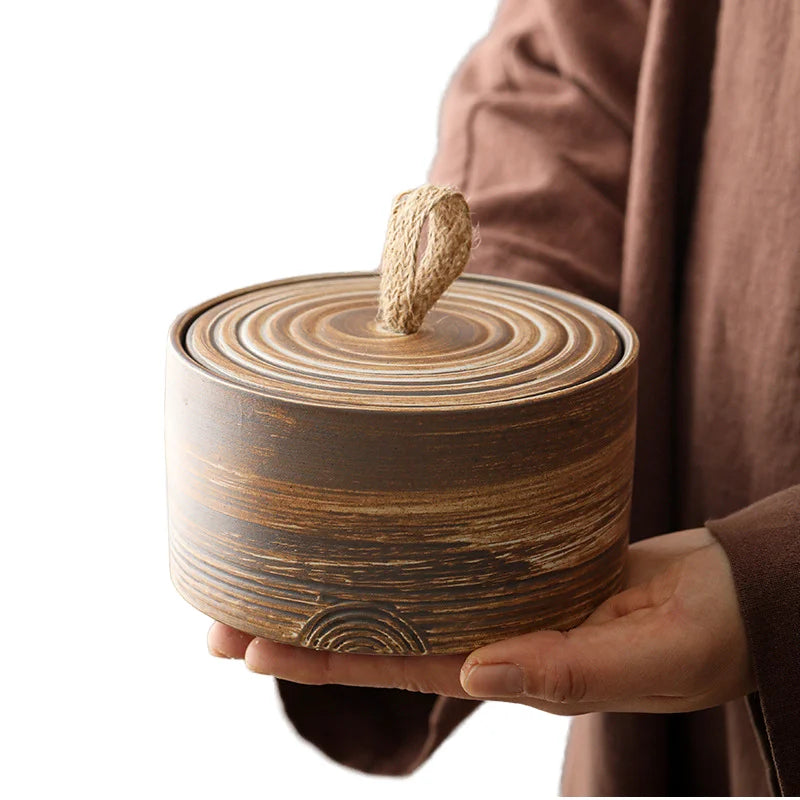 Rough PotteryTea Sealed Storage Can  Packaging Box Household Japanese Retro Ceramic Pu'er Tea Storage Can