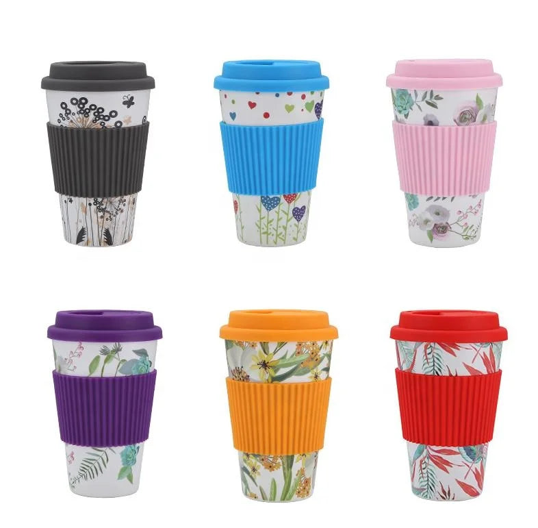 Wholesale New Eco Friendly 450ml Bamboo Fiber Coffee Cup with Bamboo Fiber Cover and Silicone Apron.