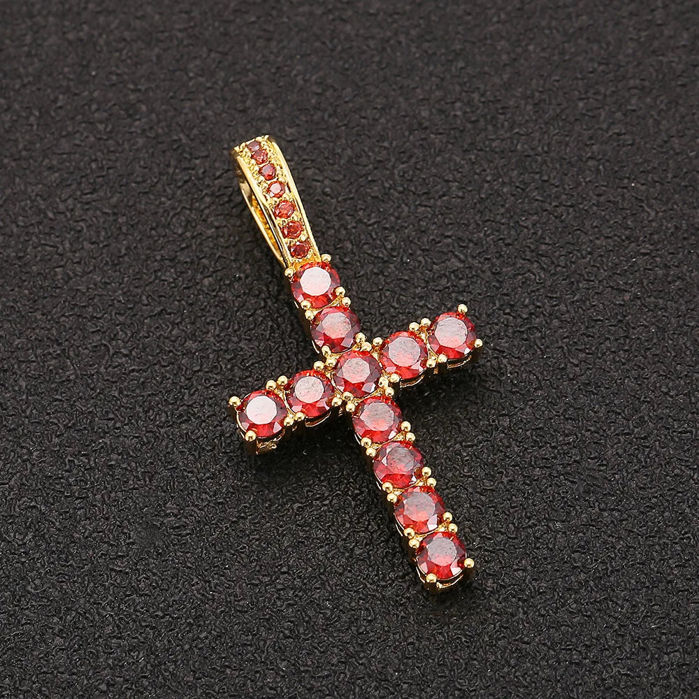 NUOYA 18K Gold Silver Iced Out Diamond Cross Pendant Red Color Zircon Hip Hop Fine Cross Pendants for Men & Women