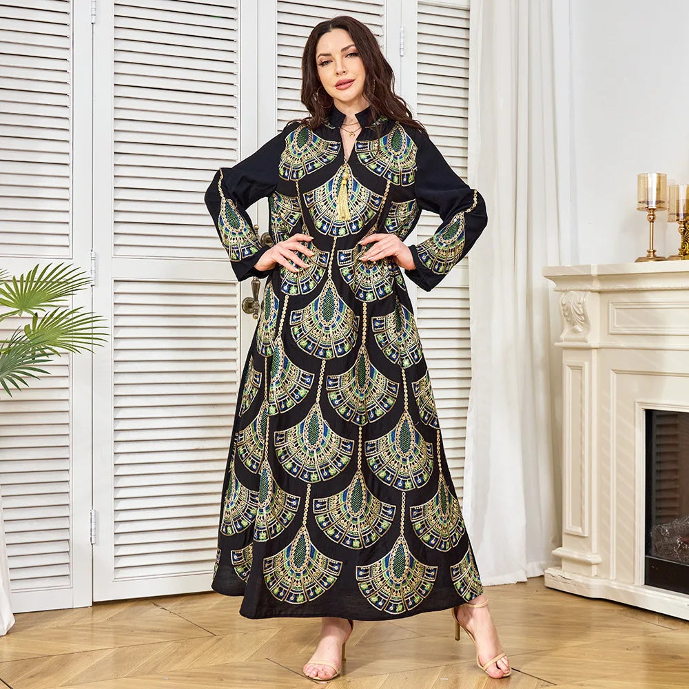 Fashion Abayas Dashiki Robe V Neck Long Sleeves Abaya Dress Dubai Women Abaya Robes