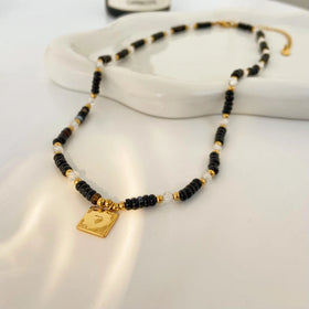 New Natural Black Agate tiger Eye Stone Handmade Beaded Stainless Steel Pendant Necklace Fashion Jewelry for Women