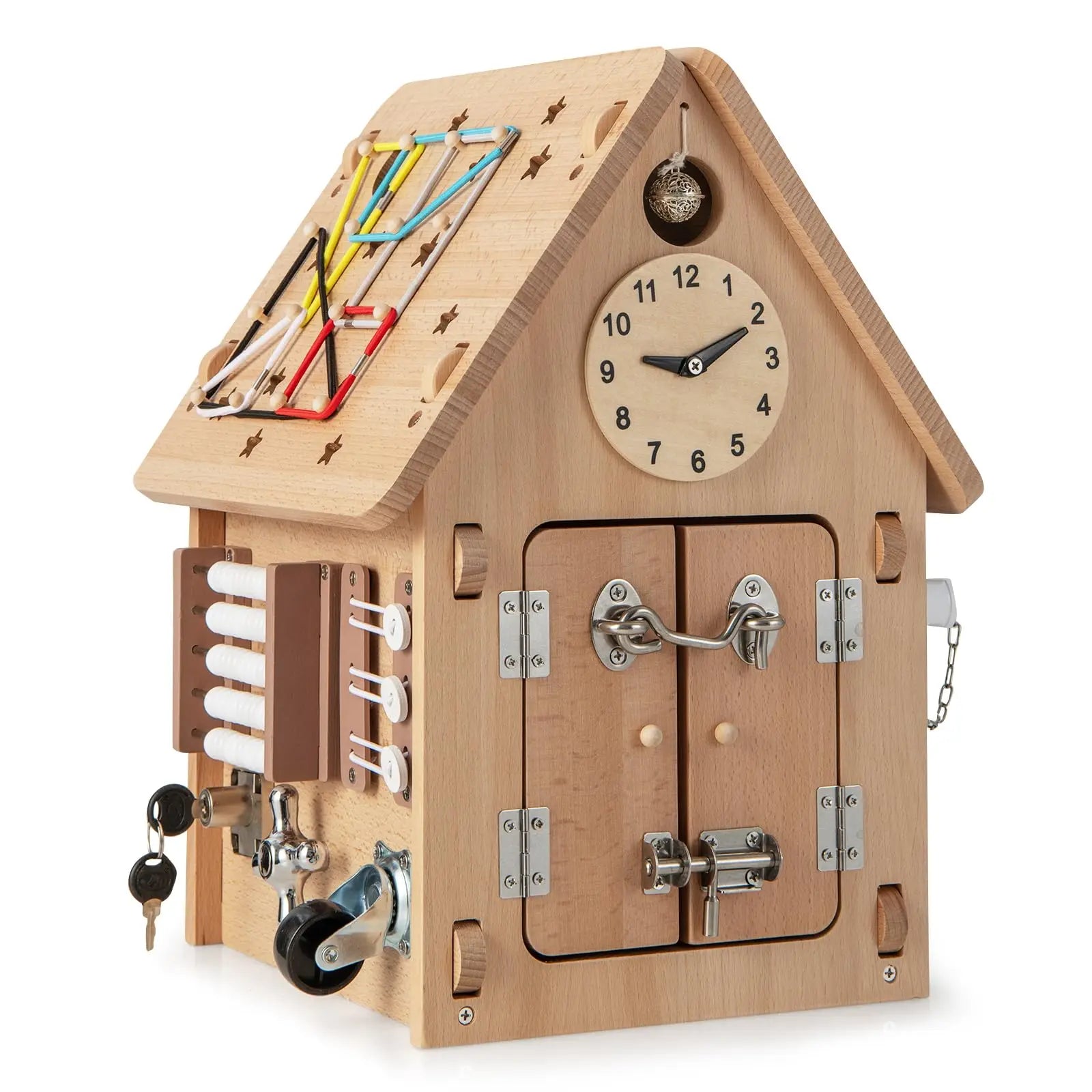Montessori Busy House Toy Wooden Multi-Purpose Play House W/Interior Storage Space & Sensory Games for Fine Motor Skills