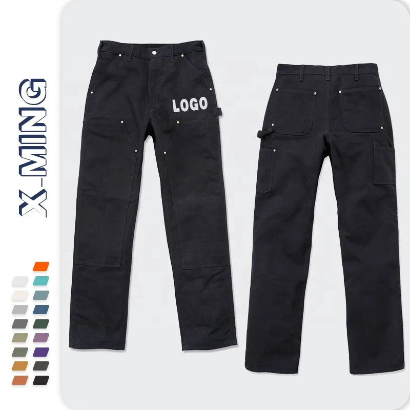 Men's Black Double Knee Work Pants Custom Regular Twill Cargo Pants for Man Woven Blanket Tapestry Workout Trousers With logo