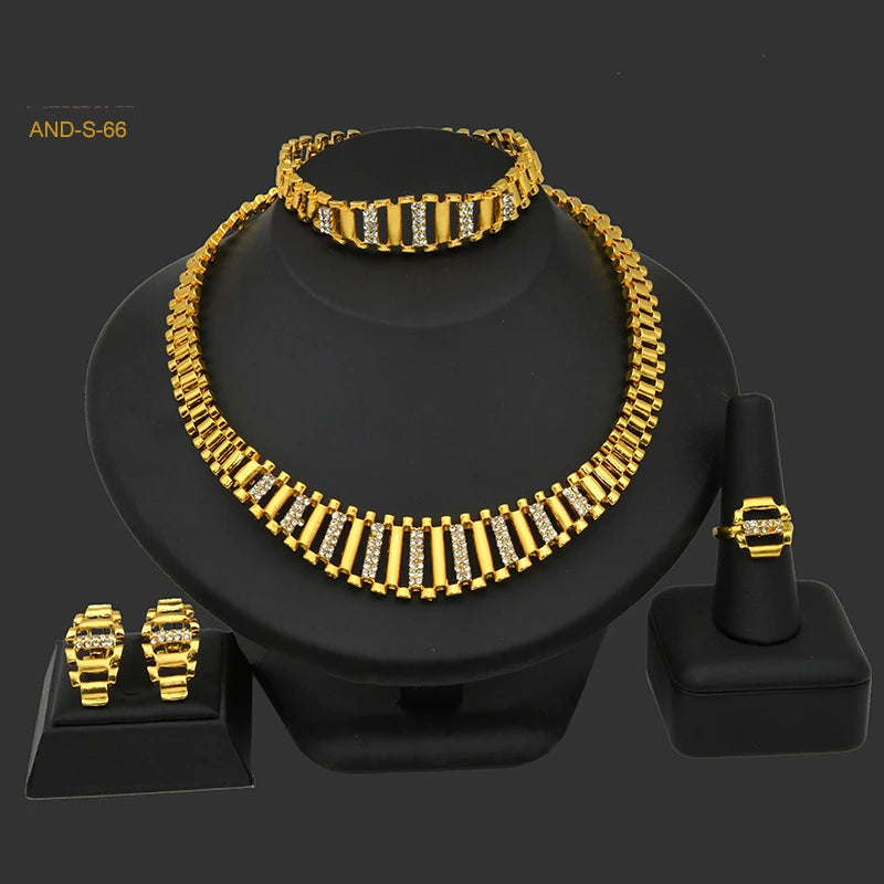 Gold Plated 24K Alloy Dubai Women's Wedding Bridal Jewelry Set Necklace Bracelet Earrings Ring 4Pcs Gift Party Wholesale