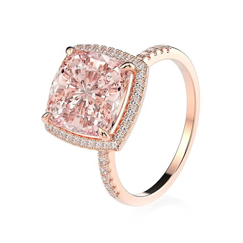 925 Sterling Silver Rose Gold Plated 10mm Cushion Engagement Halo Style Morganite Ring