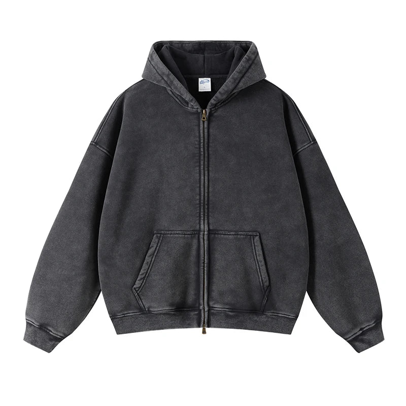 Custom Embroidered Streetwear Sun Faded Heavyweight 100% Cotton Zip up Thick Oversized Distressed Vintage Men Acid Wash Hoodie