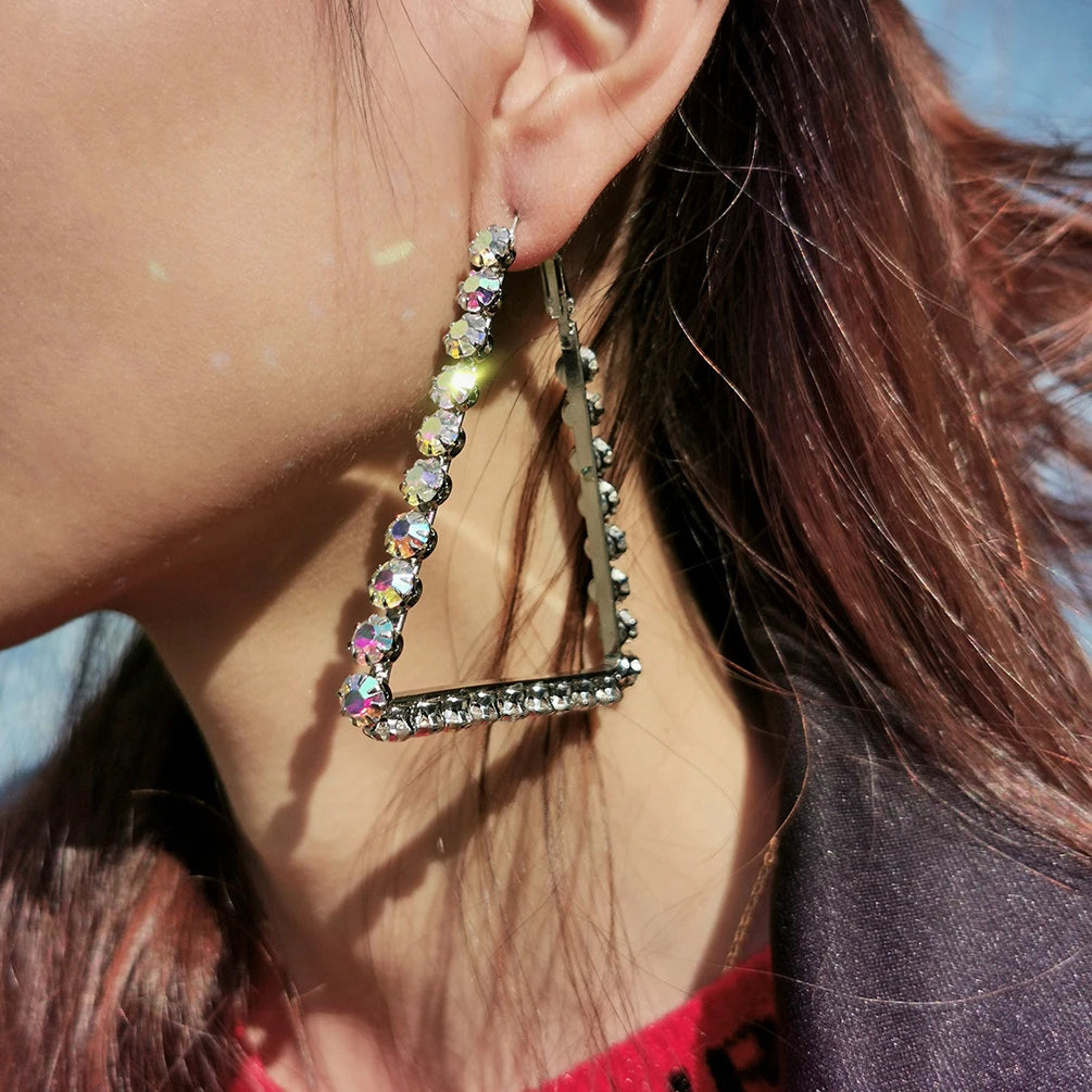 European America Punk Gold Plated 70mm Large Crystal Hoop Earrings Shiny Rhinestone Triangle Hoop Earrings
