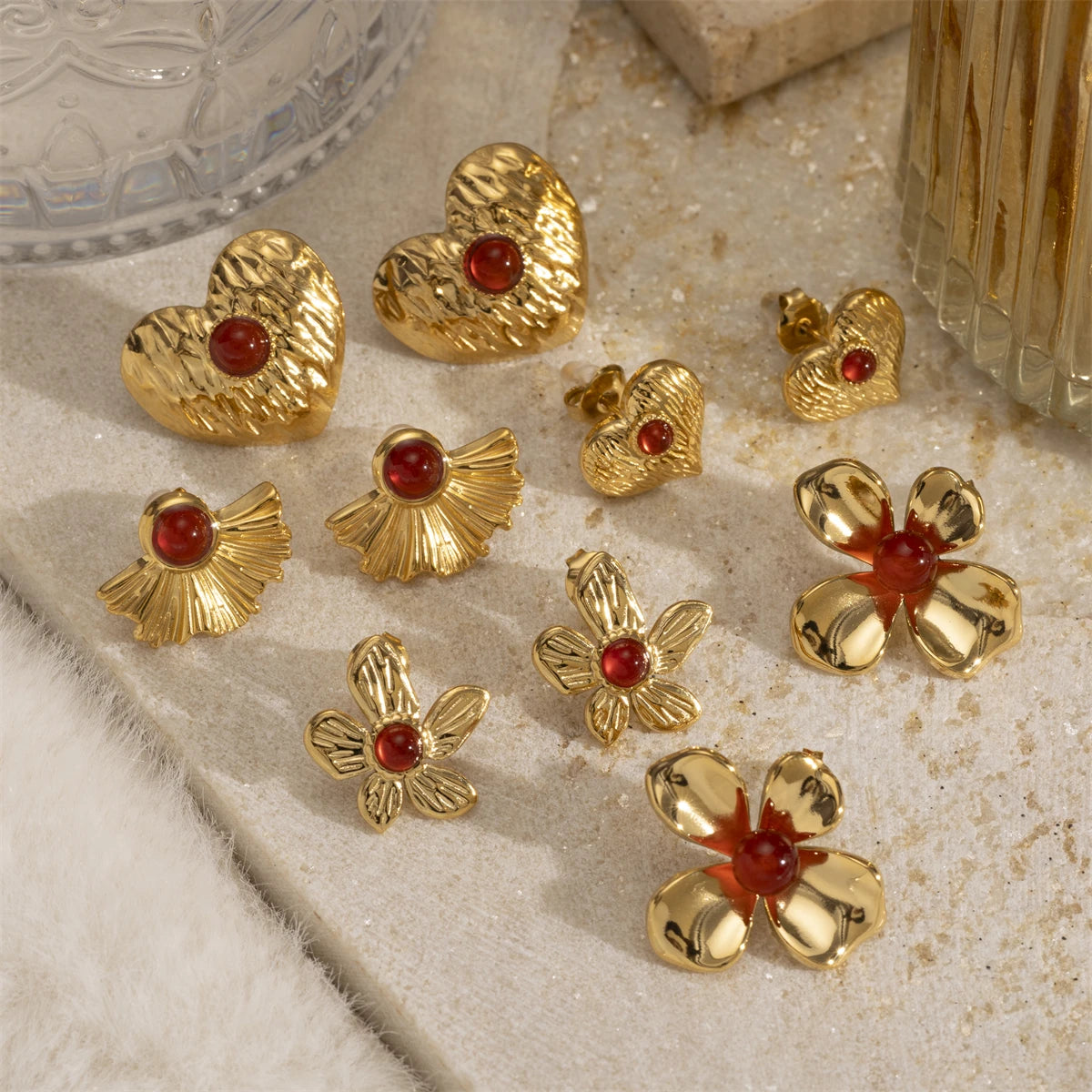 Trendy Gemstone Vintage Heart Flower Hammered Earrings 18K Gold Plated Stud Stainless Steel Fashion Jewelry Earrings for Women