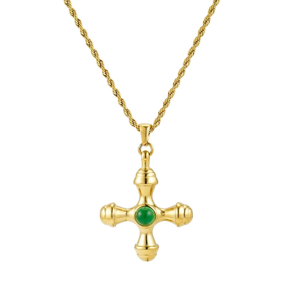 18K Gold Plated Stainless Steel Jewelry Twisted Chain Cross Green Stone Pendant Necklace Waterproof for Woman Necklace P253545