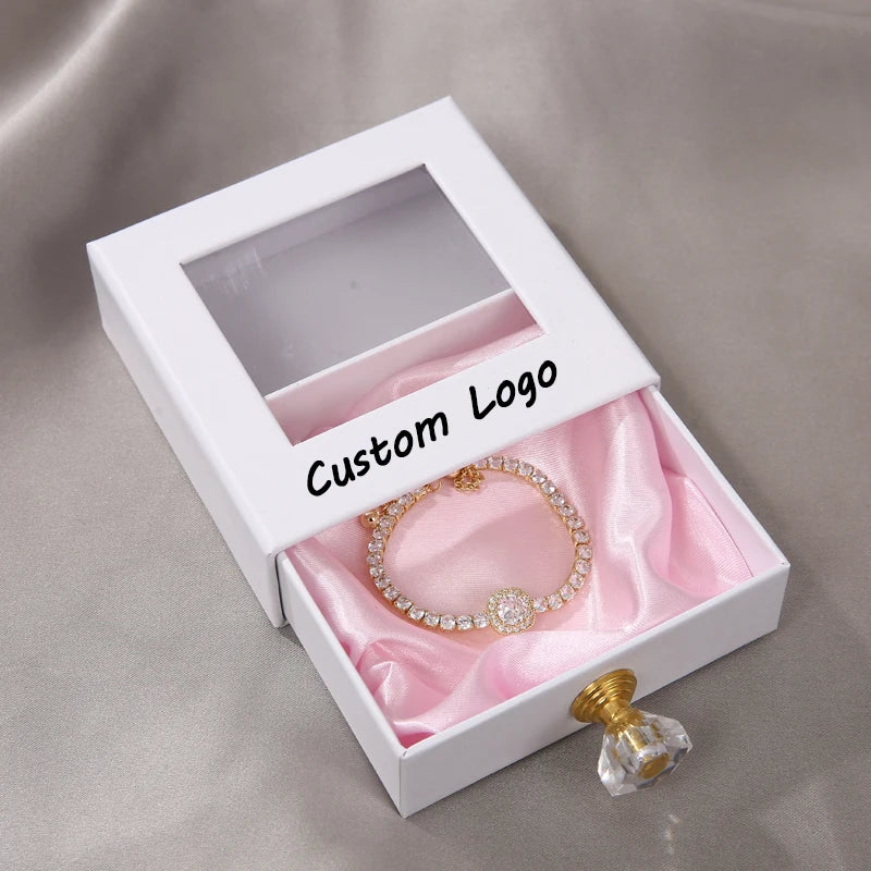 Custom Logo Cardboard Luxury Pull-Out Jewelry Necklace Storage Box with Clear Window Pink Jewellery Drawer Gift Box with Crystal