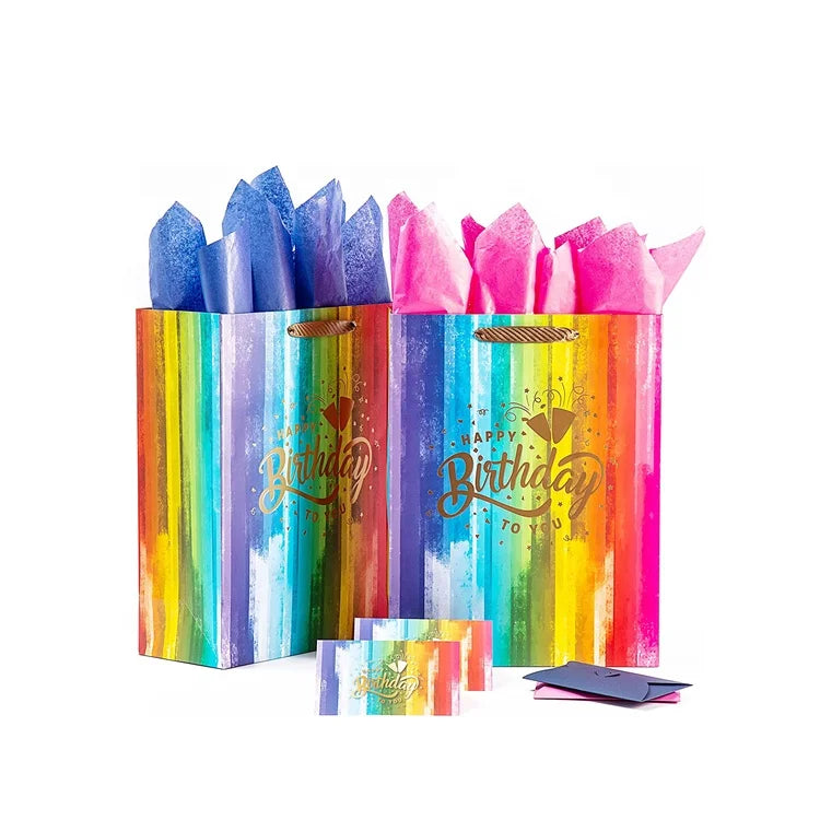 Extra Large Rainbow Color Printed Birthday Party Gift Bags with Tissue Paper and Card