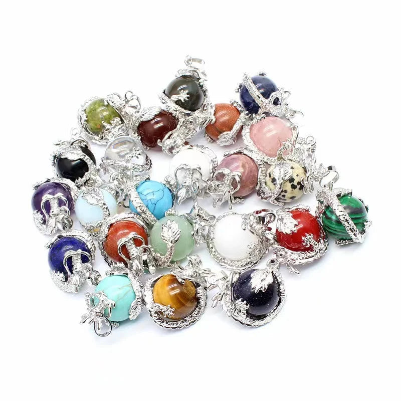 New Arrival Silver Plated Brass Cute Animal Dragon Natural Round Amethyst Rose Quartz Lapis Pendant for Women Men Necklace