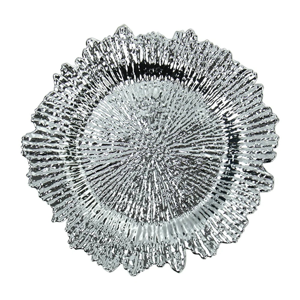 Wholesale 13 Inch Double Sided Silver Color Irregular Reef Wedding Charger Plates Eco-Friendly Plastic Party Decoration