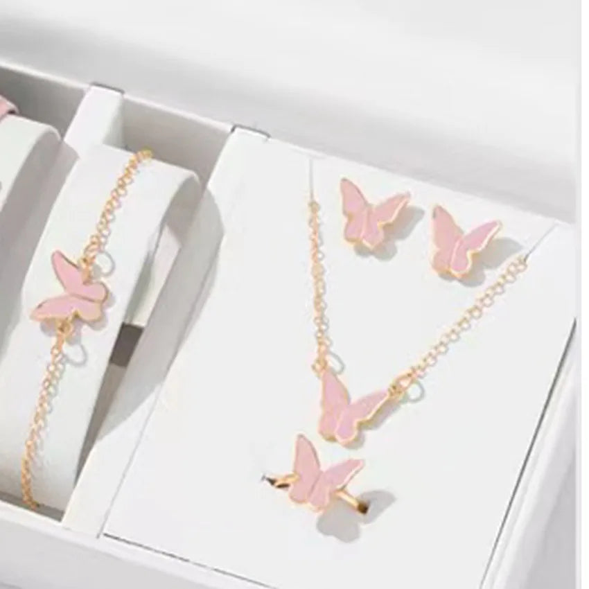 2023 New Cute Oil Dropping Butterfly Pendant Necklace Bracelet Earring Set Fashion Jewelry Party