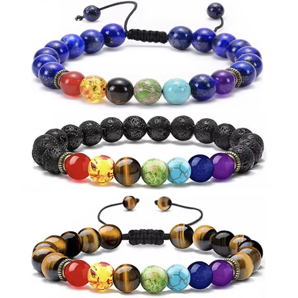 Fashion Handmade Adjustable 8mm Healing Natural Stone Beads 7 Chakra Bracelet Jewelry for Women Men